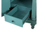 Teal green wooden drawer partially open, showing sliding metal drawer runners and ornate carved wooden leg detail.