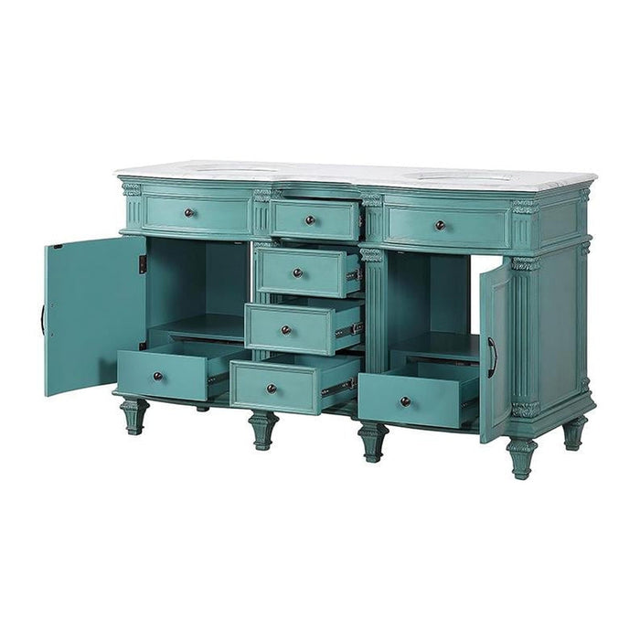 Vintage turquoise sideboard with ornate details, multiple drawers open revealing spacious interior, marble top, decorative carved legs.