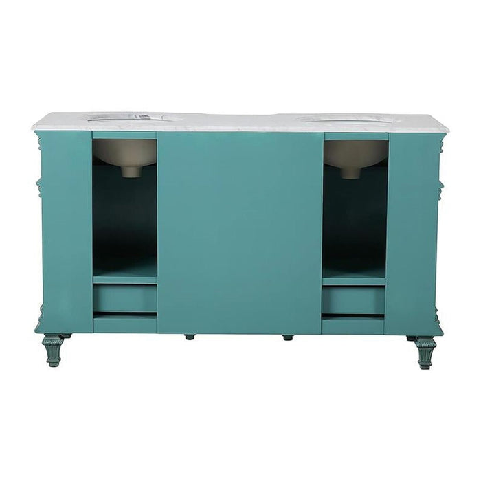 Teal bathroom vanity with white marble top, two sinks, ornate legs, and open storage compartments.