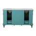 Teal bathroom vanity with white marble top, two sinks, ornate legs, and open storage compartments.