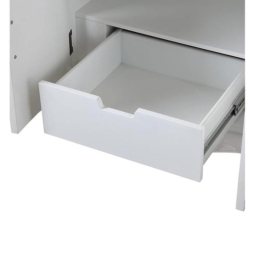 White open drawer with metal sliding rails, partially extended from a cabinet or furniture piece.