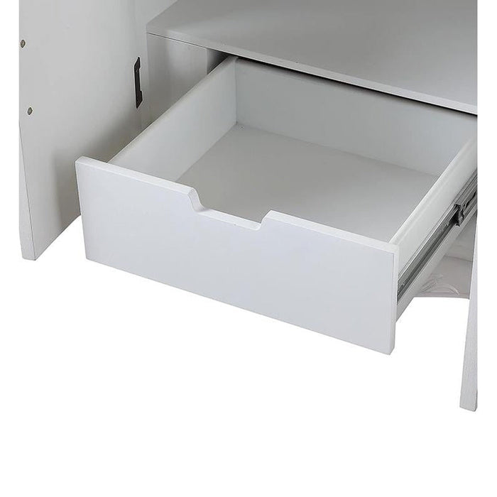 White open drawer with metal sliding rails, partially extended from a cabinet or furniture piece.