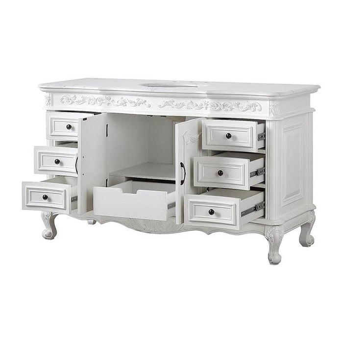 White ornate bathroom vanity with six drawers, curved cabriole legs, and decorative molding, shown with drawers partially open.