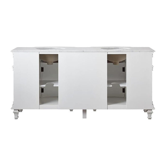 White bathroom vanity with marble top, two sinks, and decorative carved legs, featuring side cabinets with interior shelving.