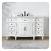 White bathroom vanity with six drawers, black hardware, marble top, and black faucet on ornate curved legs.