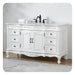 Elegant white bathroom vanity with ornate carved details, black faucet, and six drawers on cabriole legs