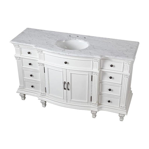 White marble-top bathroom vanity with six drawers, two cabinet doors, and an integrated oval sink.