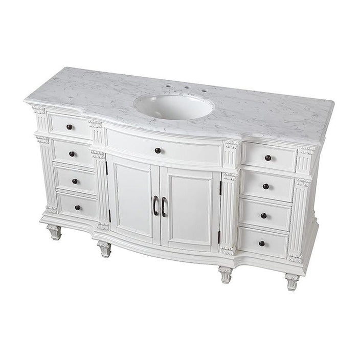 White marble-top bathroom vanity with six drawers, two cabinet doors, and an integrated oval sink.