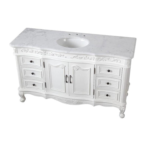 Elegant white bathroom vanity with carved details, marble top, central sink, and six drawers on curved cabriole legs.