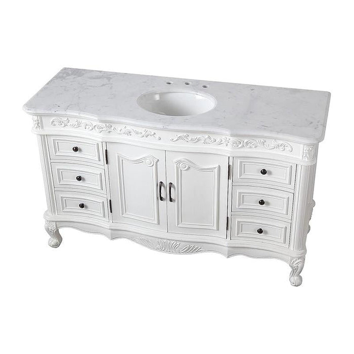 Elegant white bathroom vanity with carved details, marble top, central sink, and six drawers on curved cabriole legs.