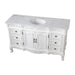Elegant white bathroom vanity with carved details, marble top, central sink, and six drawers on curved cabriole legs.