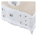 White vintage-style bathroom vanity with carved details, curved base, and round white sink