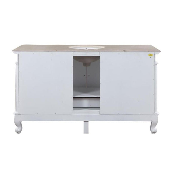 White bathroom vanity with curved legs, stone top, and central sink basin, featuring two side cabinets for storage.