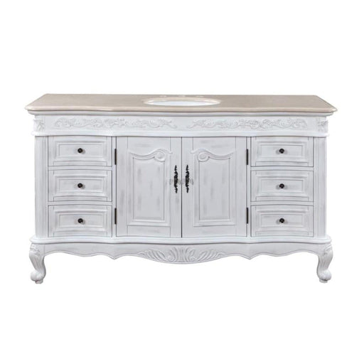 White ornate bathroom vanity with carved details, six drawers, center cabinet, and curved cabriole legs