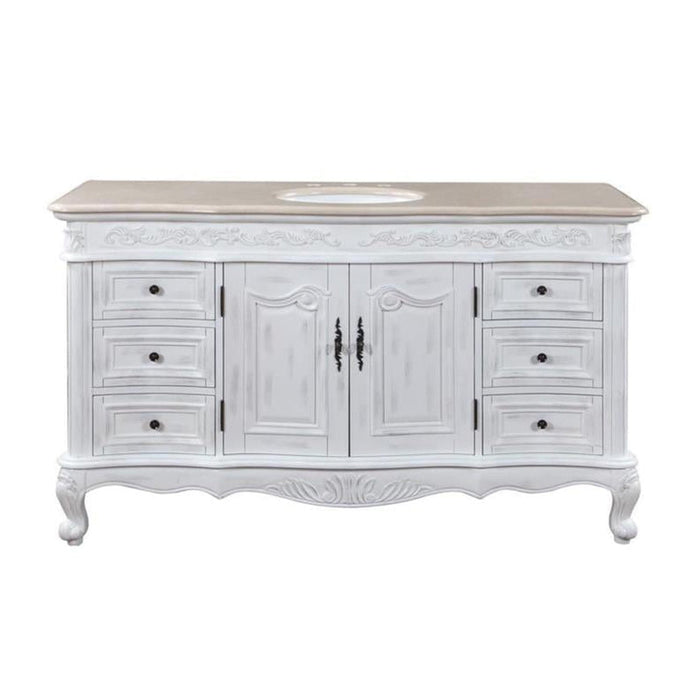 White ornate bathroom vanity with carved details, six drawers, center cabinet, and curved cabriole legs