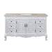 White ornate bathroom vanity with carved details, six drawers, center cabinet, and curved cabriole legs