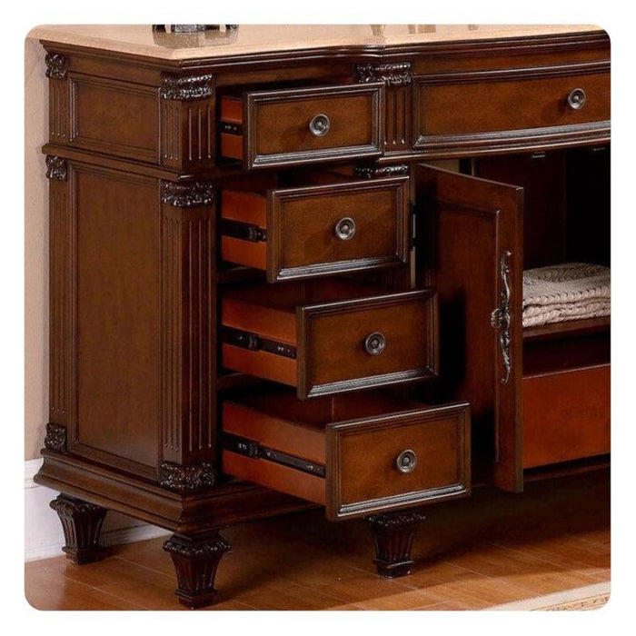 Ornate wooden dresser with multiple open drawers, dark cherry finish and decorative carved details on corners and legs.