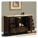 Dark wood bathroom vanity with marble top, multiple drawers open, displaying bathroom accessories and storage space.