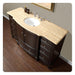 Dark wood bathroom vanity with travertine top, white sink, and chrome faucet, featuring side drawers and elegant curved design.