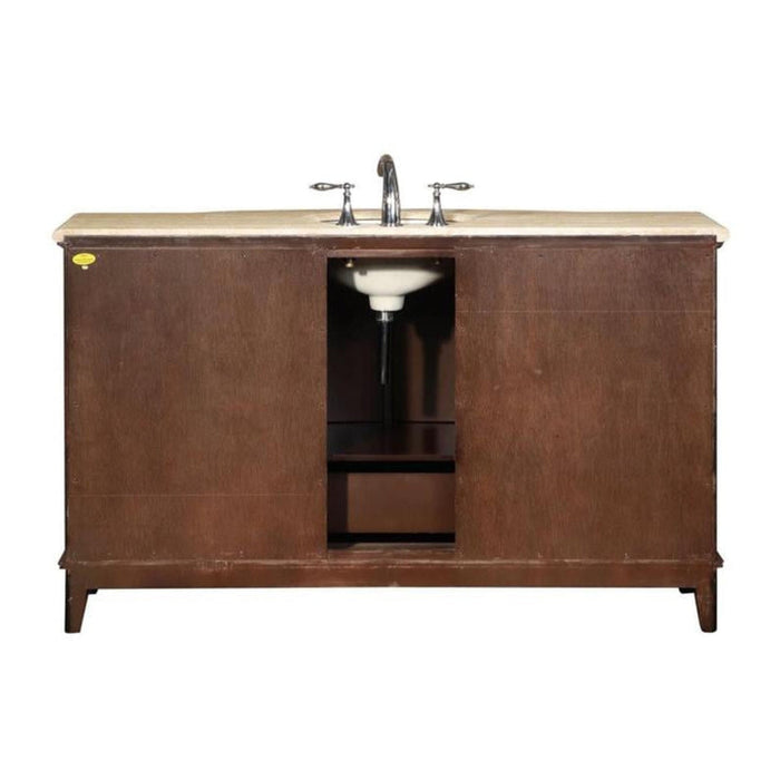 Dark wood bathroom vanity with beige stone top and center-mounted white sink and chrome faucet