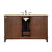 Dark wood bathroom vanity with beige stone top and center-mounted white sink and chrome faucet