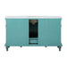 Turquoise bathroom vanity with white marble top, decorative carved legs, and center drawers with open cabinet space