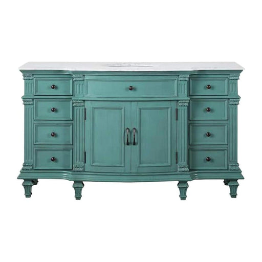 Vintage-style teal blue bathroom vanity with ornate details, six drawers, and center cabinet with two doors.