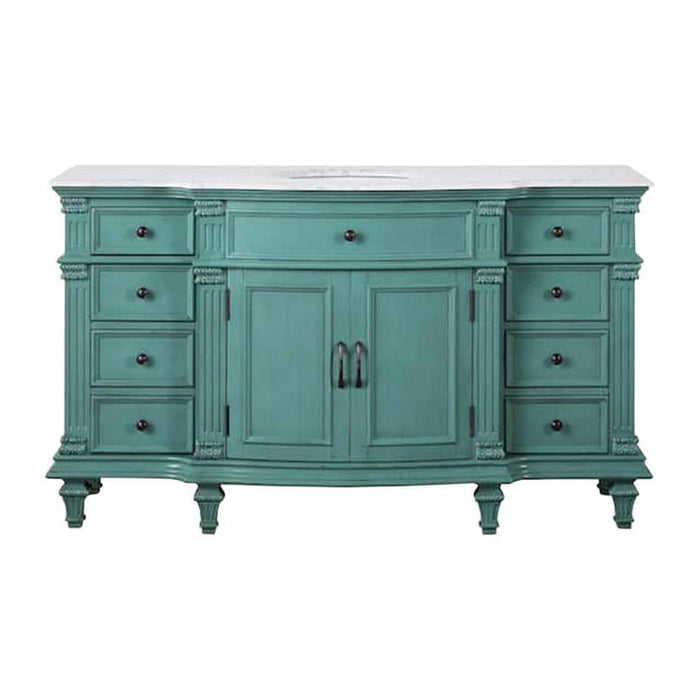 Vintage-style teal blue bathroom vanity with ornate details, six drawers, and center cabinet with two doors.