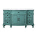 Vintage-style teal blue bathroom vanity with ornate details, six drawers, and center cabinet with two doors.