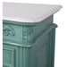 Ornate seafoam green furniture piece with white marble top, featuring decorative carved scrollwork and raised panel details.
