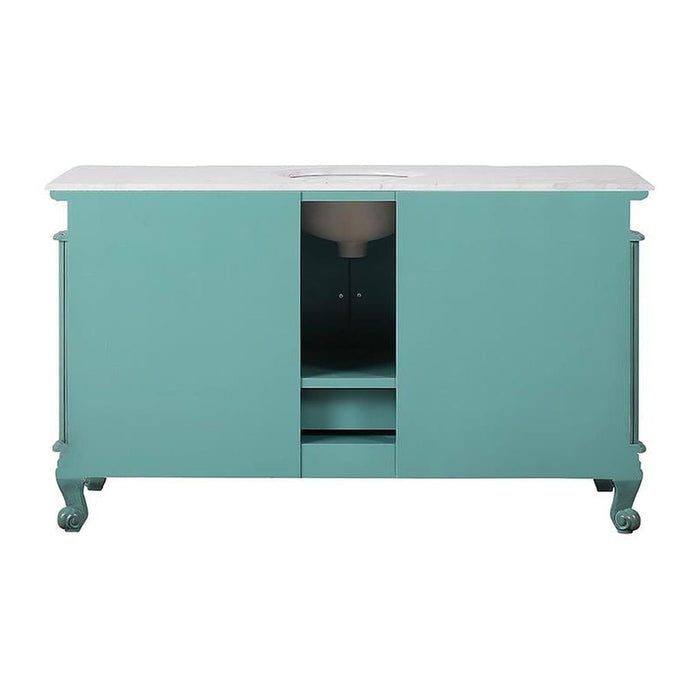 Turquoise cabinet with white marble top, two doors, and decorative curved legs on wheels