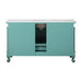 Turquoise cabinet with white marble top, two doors, and decorative curved legs on wheels