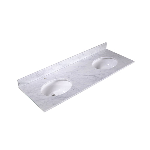 Marble double vanity top with two white oval undermount sinks and gray veined stone surface.