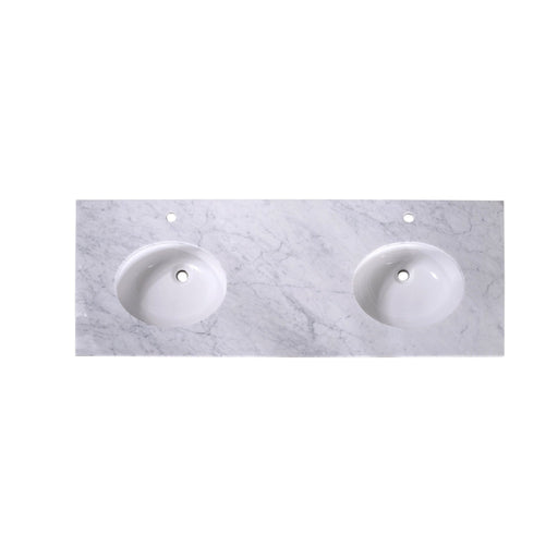 White marble double vanity top with two round inset sinks and mounting holes