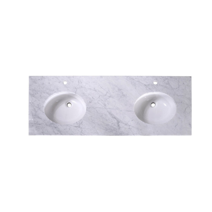 White marble double vanity top with two round inset sinks and mounting holes