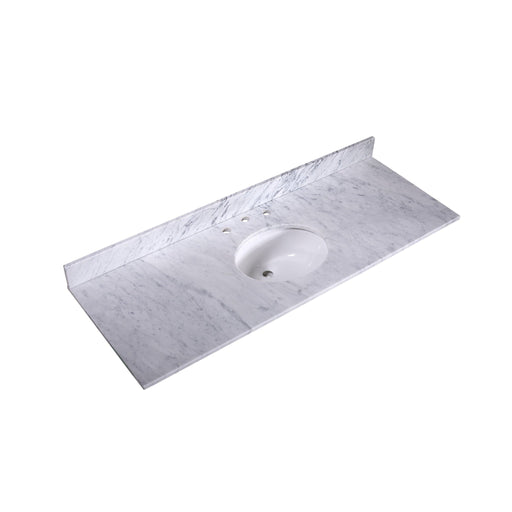 White marble bathroom vanity top with oval undermount sink and three pre-drilled faucet holes.