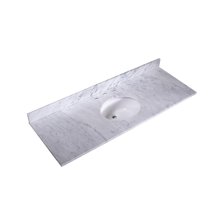 White marble bathroom vanity top with oval undermount sink and three pre-drilled faucet holes.