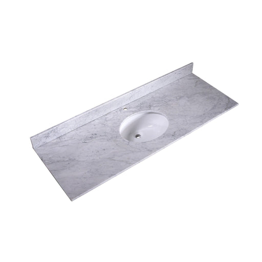 Marble bathroom vanity countertop with oval white undermount sink and subtle gray veining.