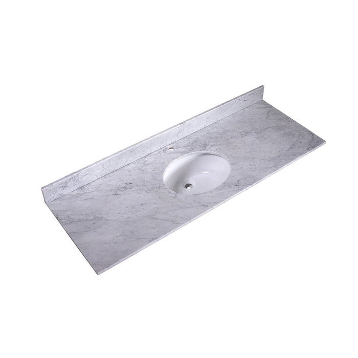 Marble bathroom vanity countertop with oval white undermount sink and subtle gray veining.
