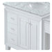 White bathroom vanity with marble countertop, three drawers, and center cabinet with double doors and silver hardware.