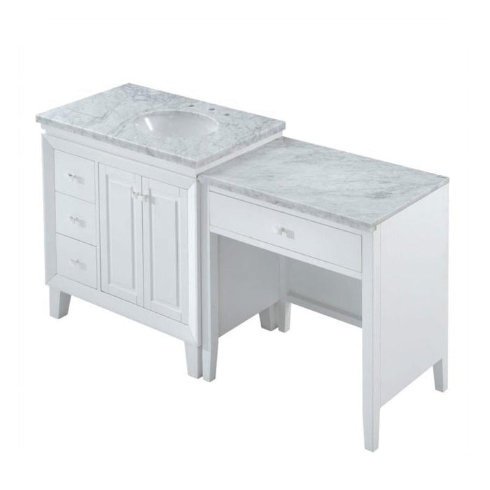 White bathroom vanity with marble top, featuring sink and side drawers, alongside matching makeup vanity table.