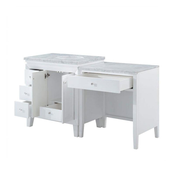 White bathroom vanity with marble countertop, open drawers showing storage space, and clean modern design with tapered legs.