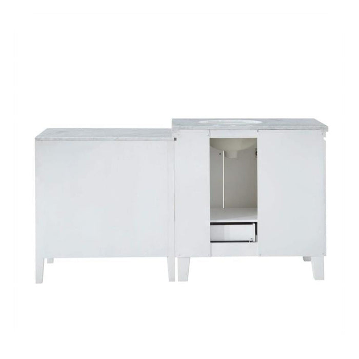 White modern bathroom vanity with marble countertop, open cabinet door revealing interior storage space and small drawer.