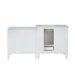 White modern bathroom vanity with marble countertop, open cabinet door revealing interior storage space and small drawer.