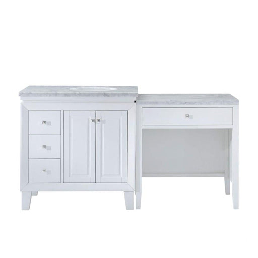 White bathroom vanity with marble top, featuring side drawers, cabinet, and separate matching desk or console table.