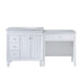 White bathroom vanity with marble top, featuring side drawers, cabinet, and separate matching desk or console table.