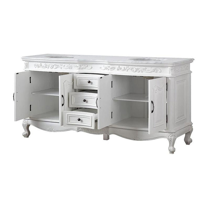 Silkroad Exclusive 72" Double Sink Antique White Bathroom Vanity With Carrara White Marble Countertop and White Ceramic Undermount Sink