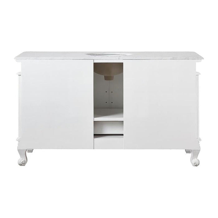 White bathroom vanity with curved legs, center opening, and marble-like countertop
