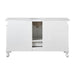 White bathroom vanity with curved legs, center opening, and marble-like countertop