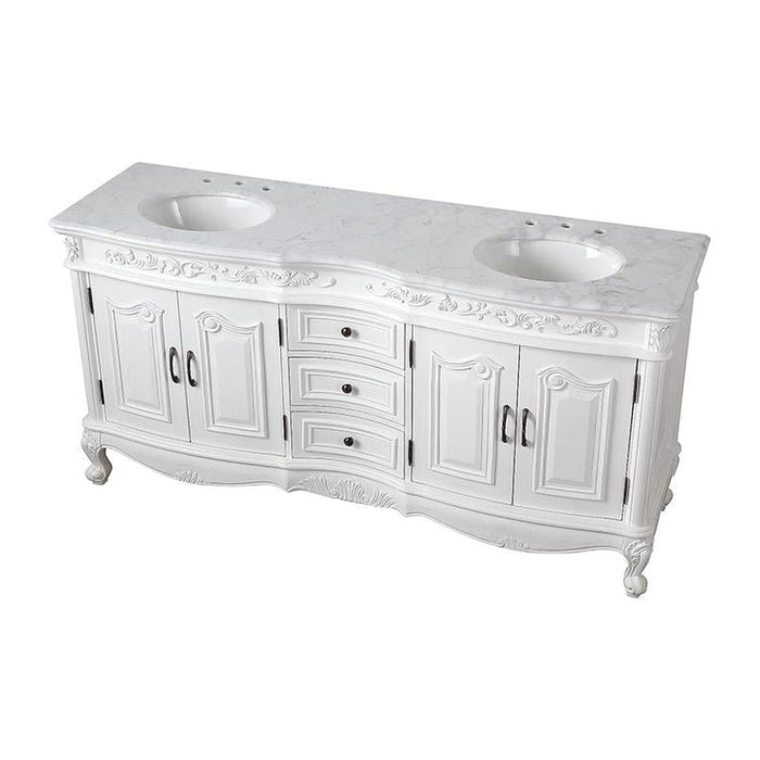 Silkroad Exclusive 72" Double Sink Antique White Bathroom Vanity With Carrara White Marble Countertop and White Ceramic Undermount Sink